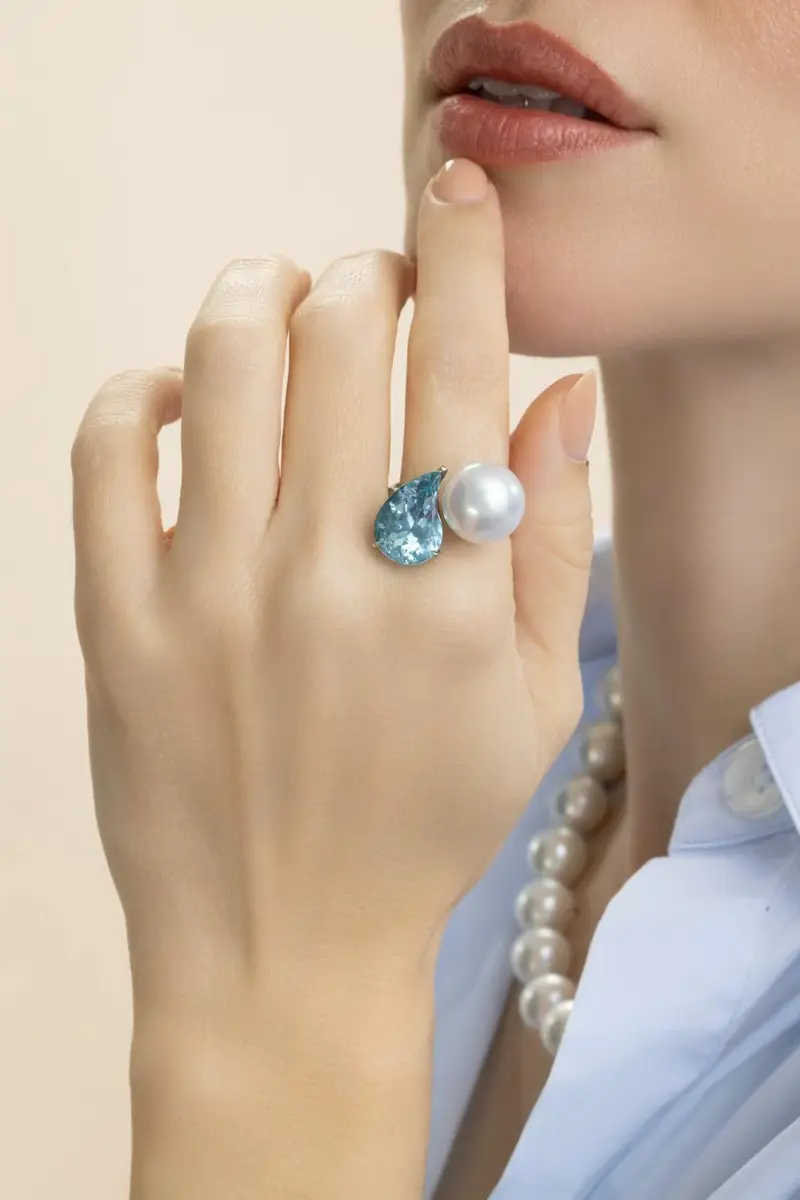 ASSAEL Aquamarine South Sea Pearl Button Ring | Thumbnail 2