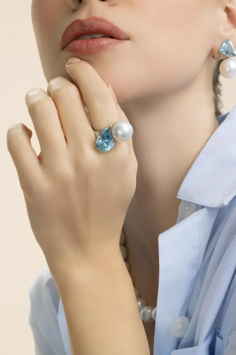 ASSAEL Aquamarine South Sea Pearl Button Ring | Thumbnail 3