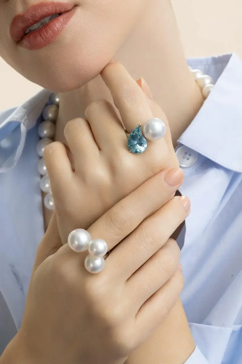 ASSAEL Aquamarine South Sea Pearl Button Ring | Thumbnail 4