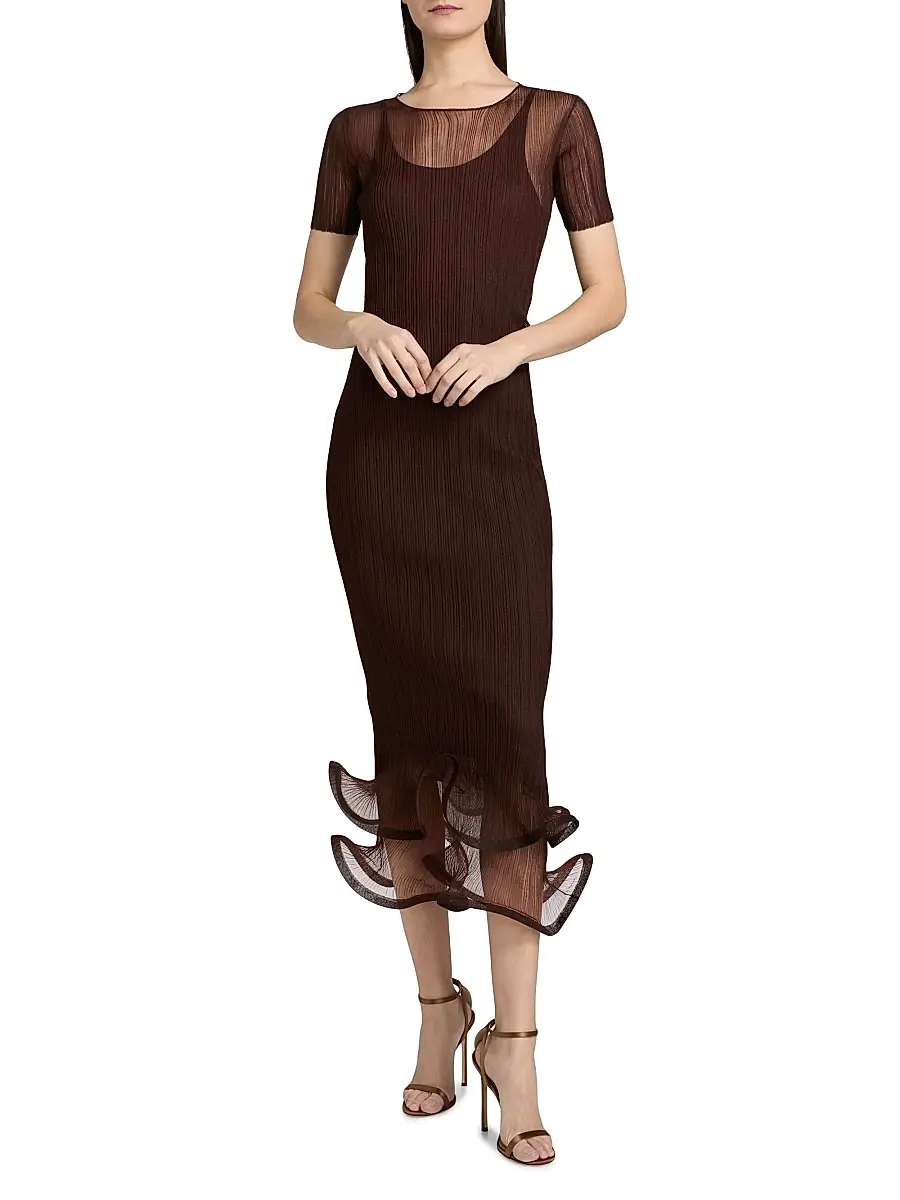 SIMKHAI Women's Selena Pleated Chiffon Midi-Dress - Mahogany | Thumbnail 3 SIMKHAI Women's Selena Pleated Chiffon Midi-Dress - Mahogany | Thumbnail 3