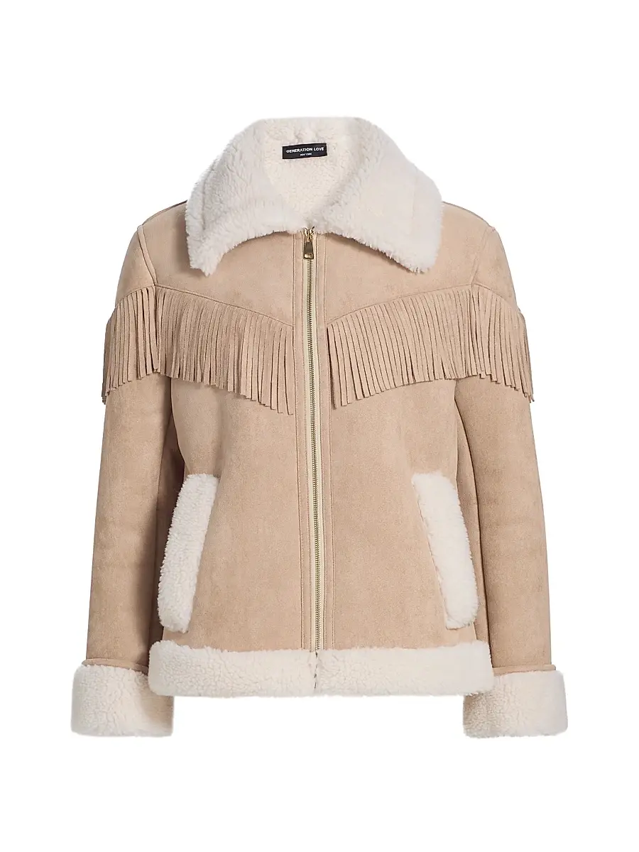Generation Love Women's Fringed Faux-Suede Bomber Jacket - Taupe White | Image 1 Generation Love Women's Fringed Faux-Suede Bomber Jacket - Taupe White | Image 1