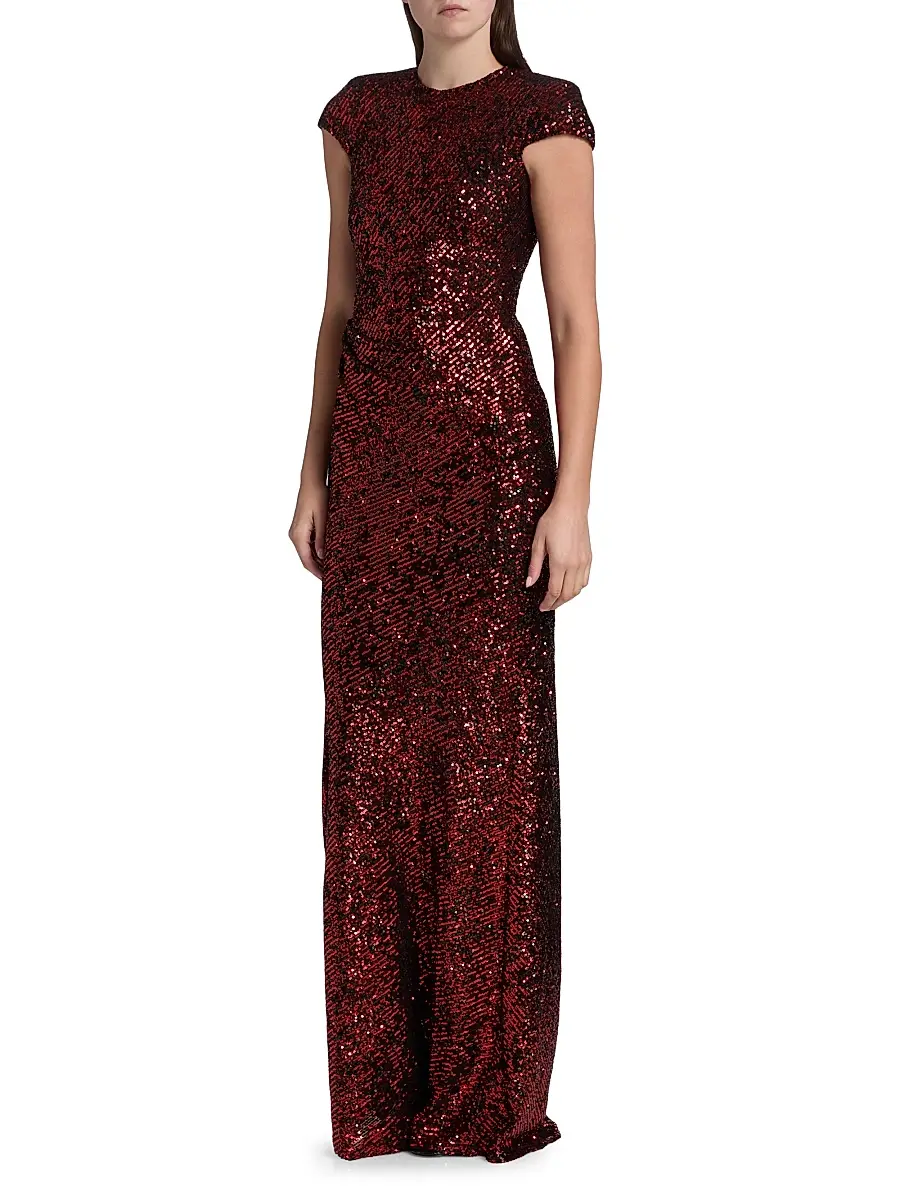 Naeem Khan Women's Sequined Draped Cap-Sleeve Gown - Red | Thumbnail 4 Naeem Khan Women's Sequined Draped Cap-Sleeve Gown - Red | Thumbnail 4