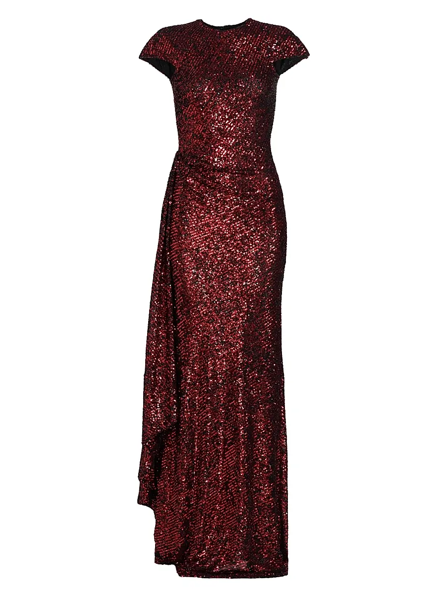 Naeem Khan Women's Sequined Draped Cap-Sleeve Gown - Red | Image 1 Naeem Khan Women's Sequined Draped Cap-Sleeve Gown - Red | Image 1