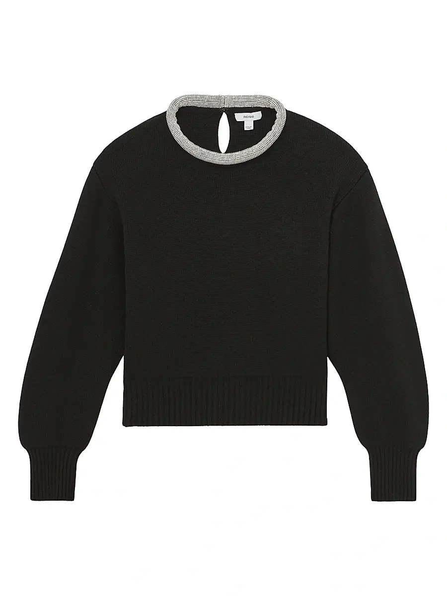 Reiss Women's Crissie Embellished Necklace-Trim Knit Sweater - Black | Image 1 Reiss Women's Crissie Embellished Necklace-Trim Knit Sweater - Black | Image 1