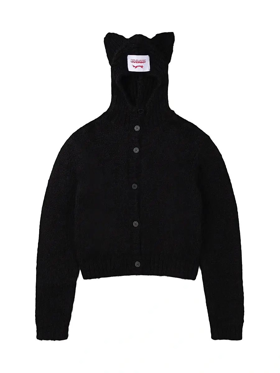 Charles Jeffrey Loverboy Men's Ears Balaclava Wool-Blend Cardigan - Black | Image 1 Charles Jeffrey Loverboy Men's Ears Balaclava Wool-Blend Cardigan - Black | Image 1