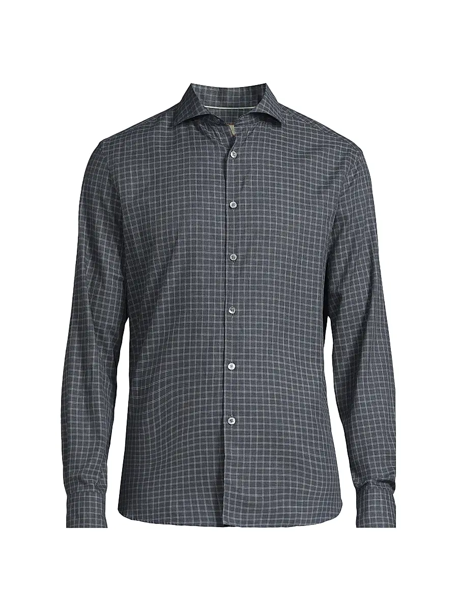 Canali Men's Checked Cotton Button-Front Sport Shirt - Blue | Image 1 Canali Men's Checked Cotton Button-Front Sport Shirt - Blue | Image 1