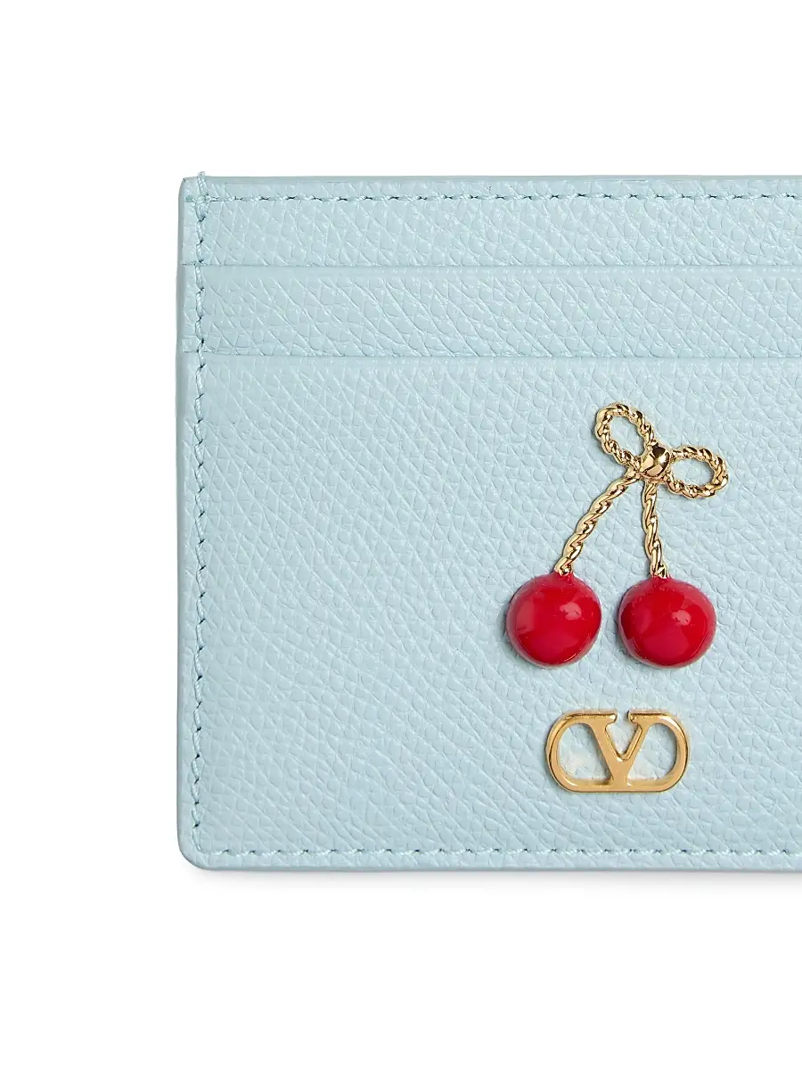 Valentino Garavani Women's Cherryfic Card Holder in Grainy Calfskin - Porcelain Blue | Thumbnail 4 Valentino Garavani Women's Cherryfic Card Holder in Grainy Calfskin - Porcelain Blue | Thumbnail 4