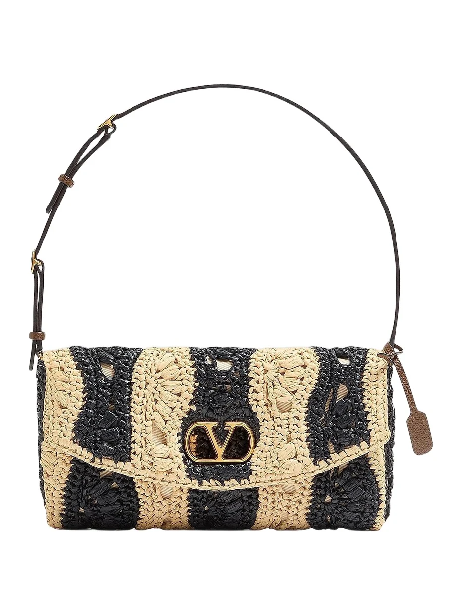 Women's DeVain Small Shoulder Bag in Raffia with Wave Pattern - Natural Black Women's DeVain Small Shoulder Bag in Raffia with Wave Pattern - Natural Black
