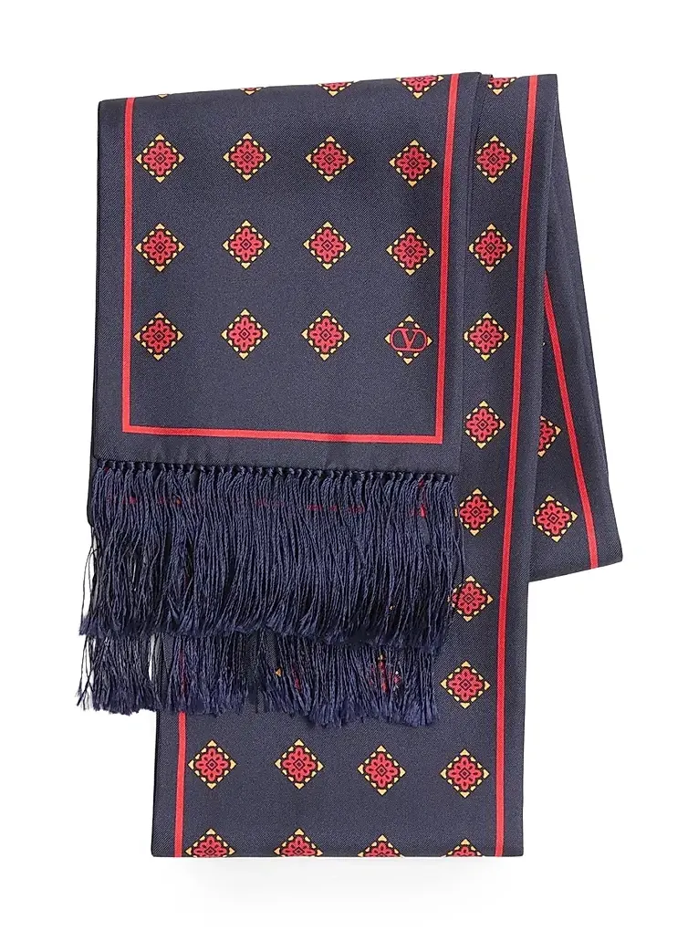 Men's Opticool Silk Bandeau Scarf with Fringe - Navy Red