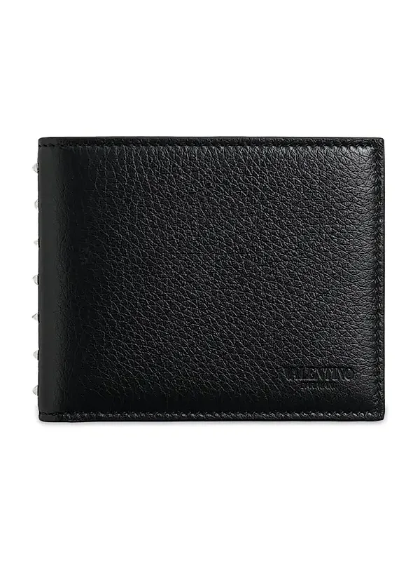 Men's Rockstud Wallet in Grainy Calfskin - Black