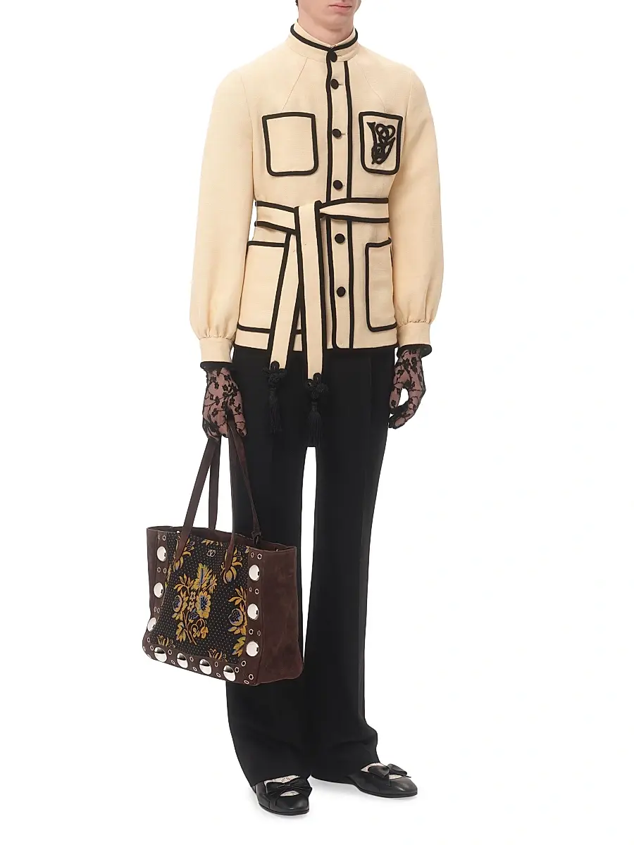 Valentino Men's Silk and Jute Canvas Jacket with VG Embroidery - Butter | Thumbnail 2 Valentino Men's Silk and Jute Canvas Jacket with VG Embroidery - Butter | Thumbnail 2