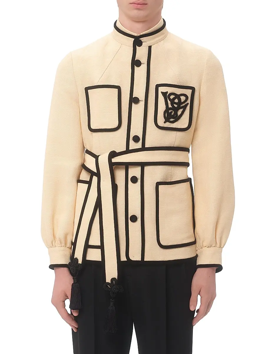 Valentino Men's Silk and Jute Canvas Jacket with VG Embroidery - Butter | Thumbnail 3 Valentino Men's Silk and Jute Canvas Jacket with VG Embroidery - Butter | Thumbnail 3