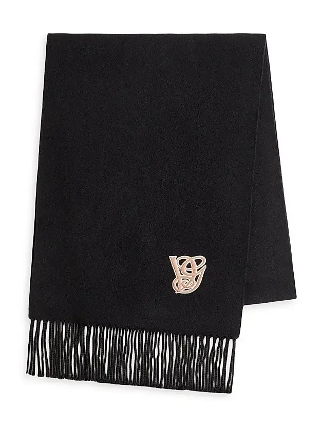 Men's Embroidered Wool and Cashmere Scarf - Black