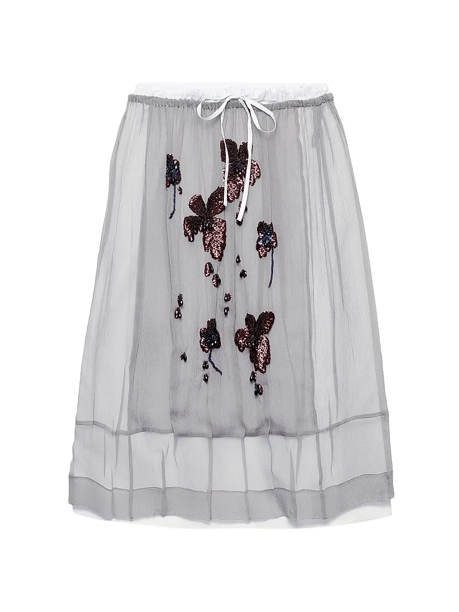 Prada Women's Embroidered Chiffon Midi-Skirt - Grey | Image 1 Prada Women's Embroidered Chiffon Midi-Skirt - Grey | Image 1