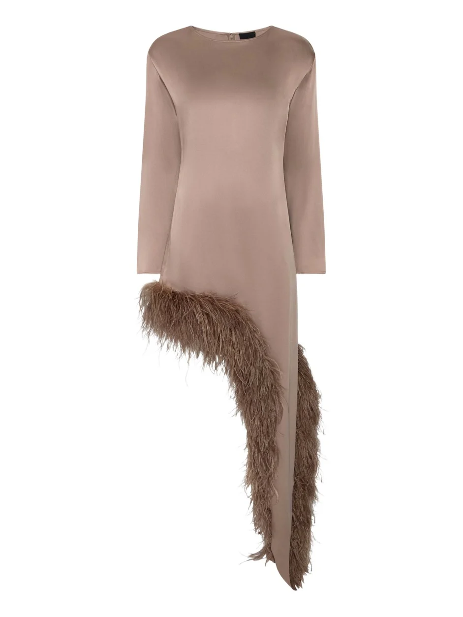 Satin Asymmetrical Dress With Feathers