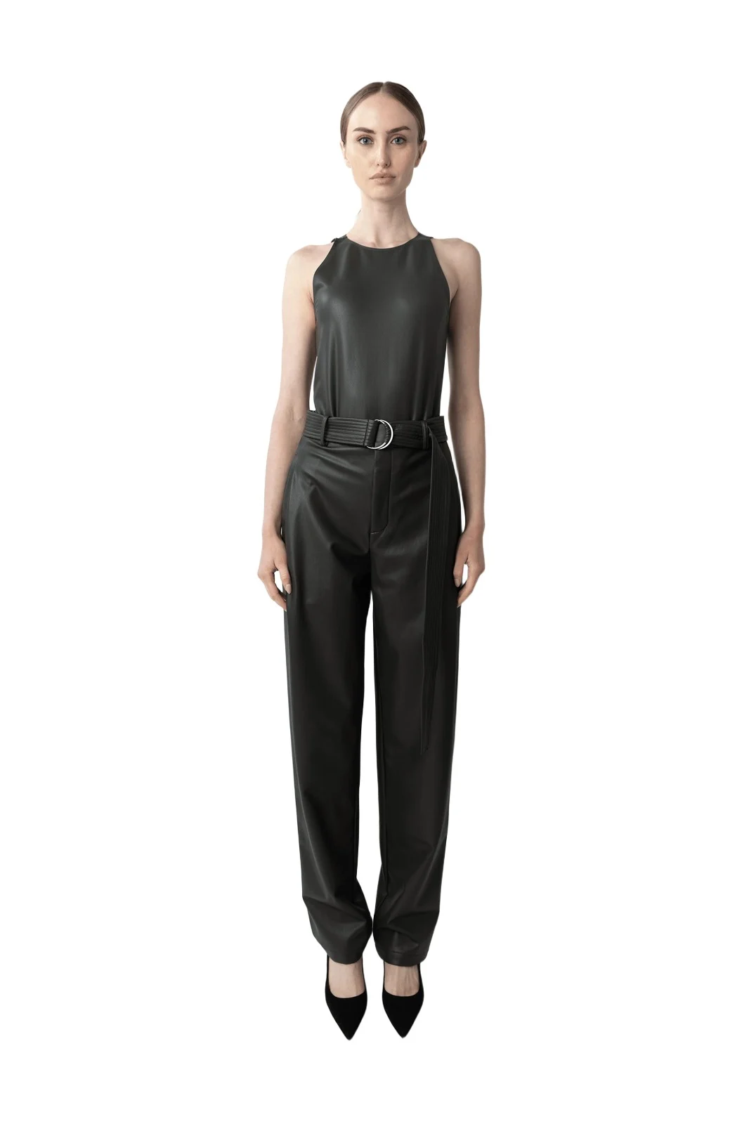 Lapointe Stretch Faux Leather Belted Tapered Trouser