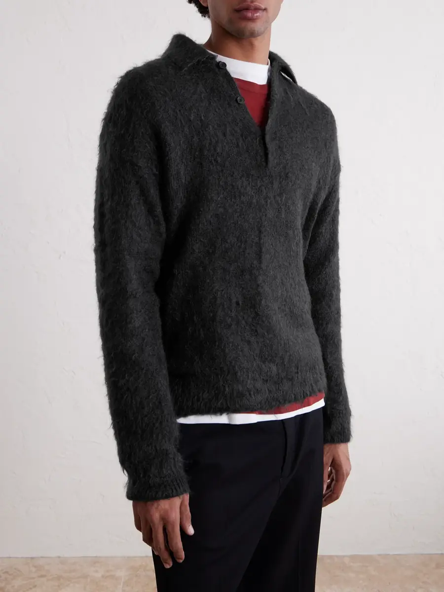 Auralee Brushed Mohair and Wool-Blend Polo Sweater - Men | Thumbnail 3 Auralee Brushed Mohair and Wool-Blend Polo Sweater - Men | Thumbnail 3