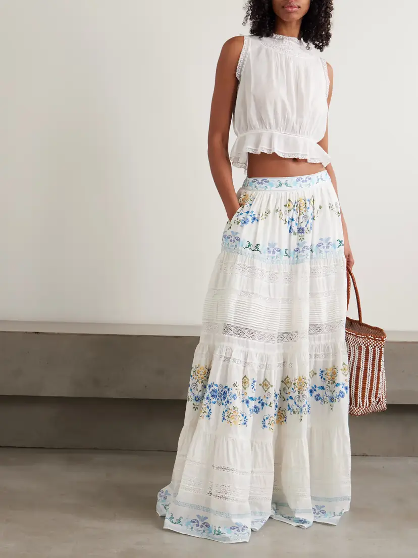 Camilla My Homespun Heart Lace-trimmed Embroidered Printed Tiered Cotton And Silk-blend Maxi Skirt | Thumbnail 2 Camilla My Homespun Heart Lace-trimmed Embroidered Printed Tiered Cotton And Silk-blend Maxi Skirt | Thumbnail 2