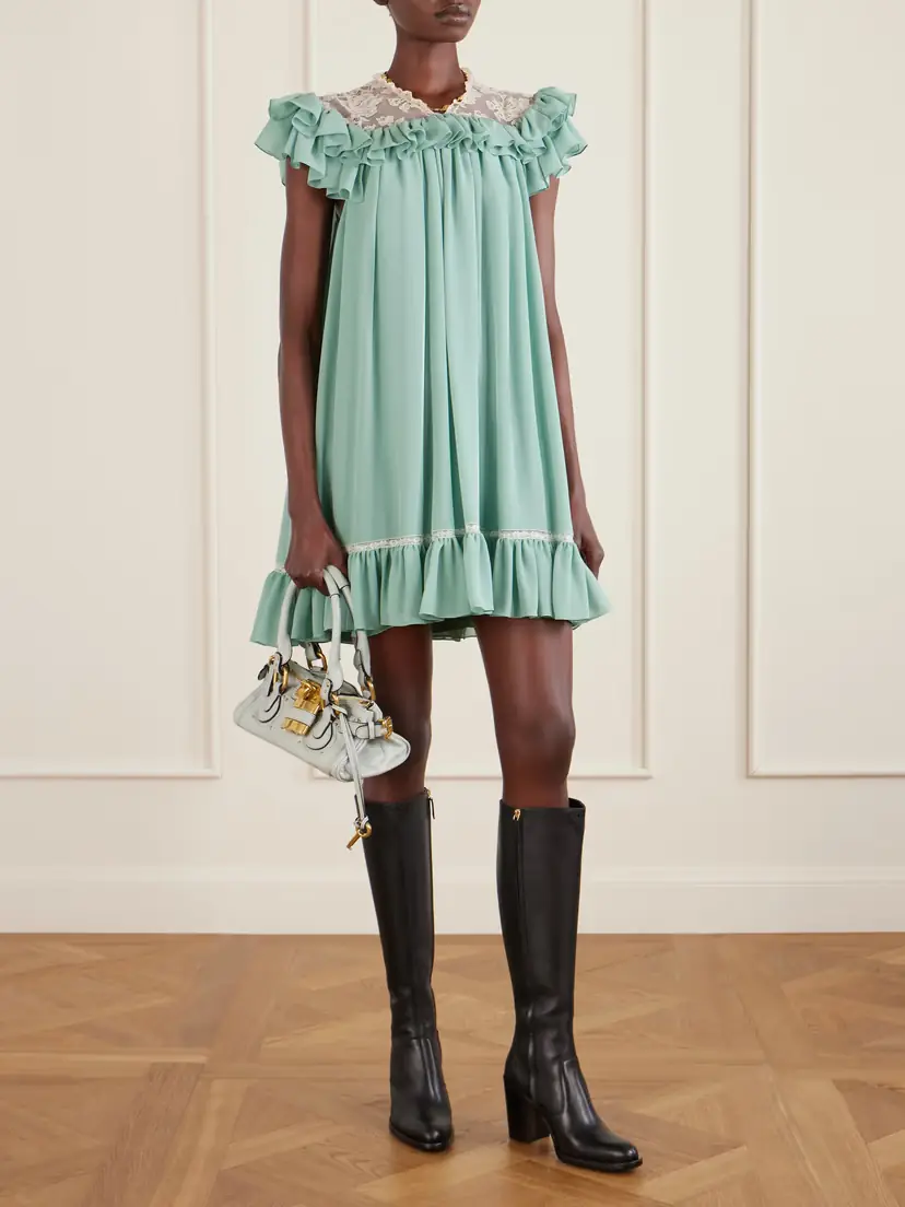 Chloé Ruffled Lace-trimmed Silk Georgette Mini Dress | Thumbnail 2 Chloé Ruffled Lace-trimmed Silk Georgette Mini Dress | Thumbnail 2