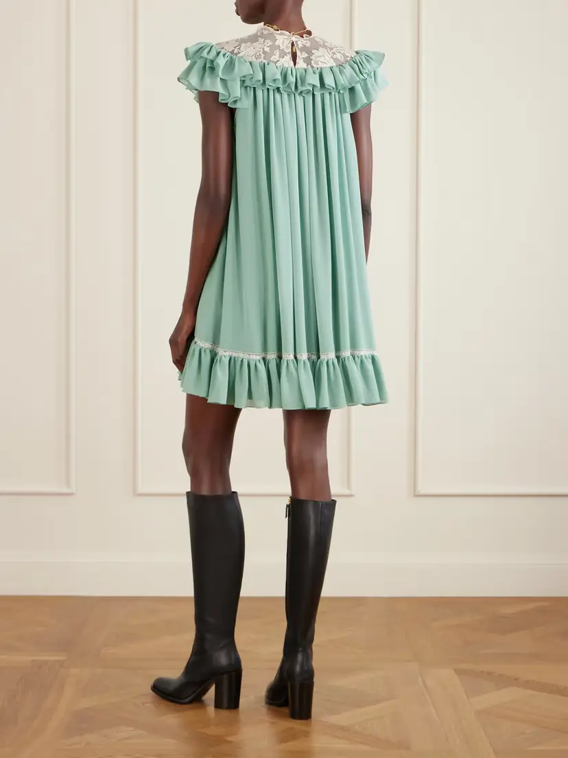 Chloé Ruffled Lace-trimmed Silk Georgette Mini Dress | Thumbnail 4 Chloé Ruffled Lace-trimmed Silk Georgette Mini Dress | Thumbnail 4