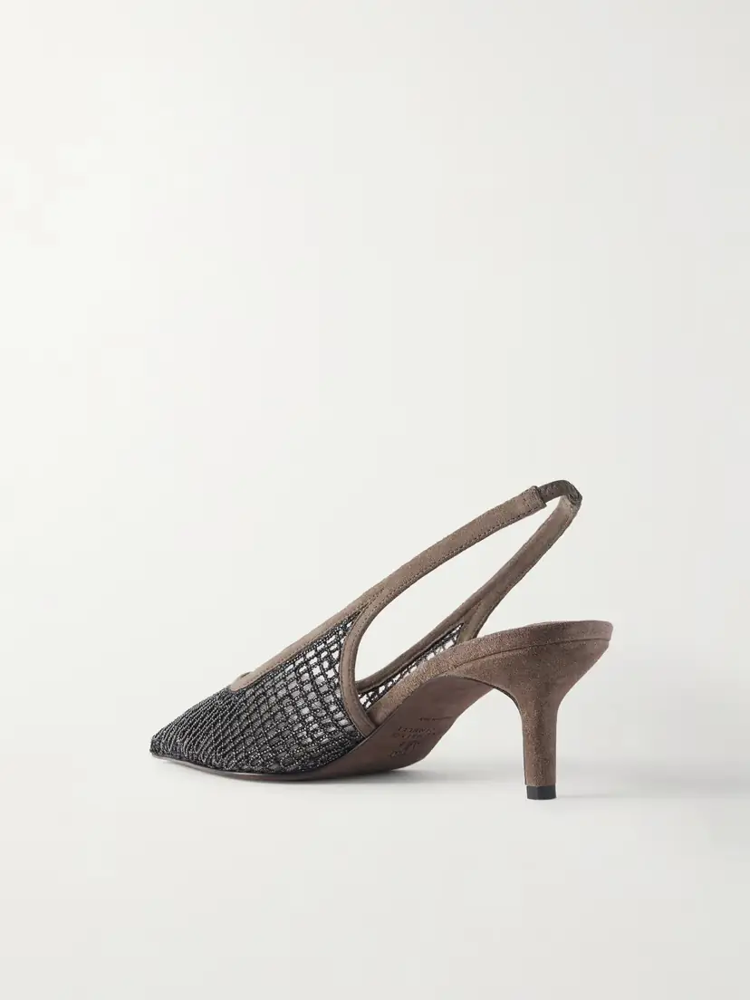 Brunello Cucinelli 55 Embellished Suede-trimmed Mesh Slingback Pumps | Thumbnail 3