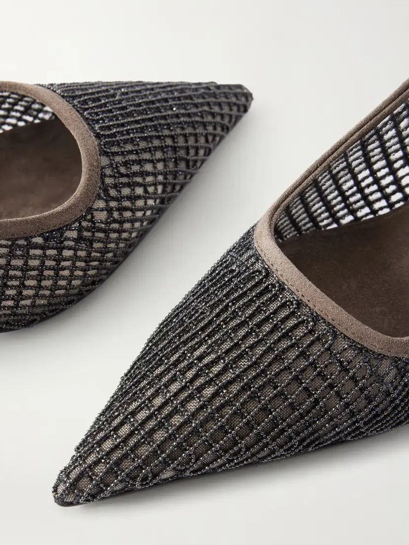 Brunello Cucinelli 55 Embellished Suede-trimmed Mesh Slingback Pumps | Thumbnail 5