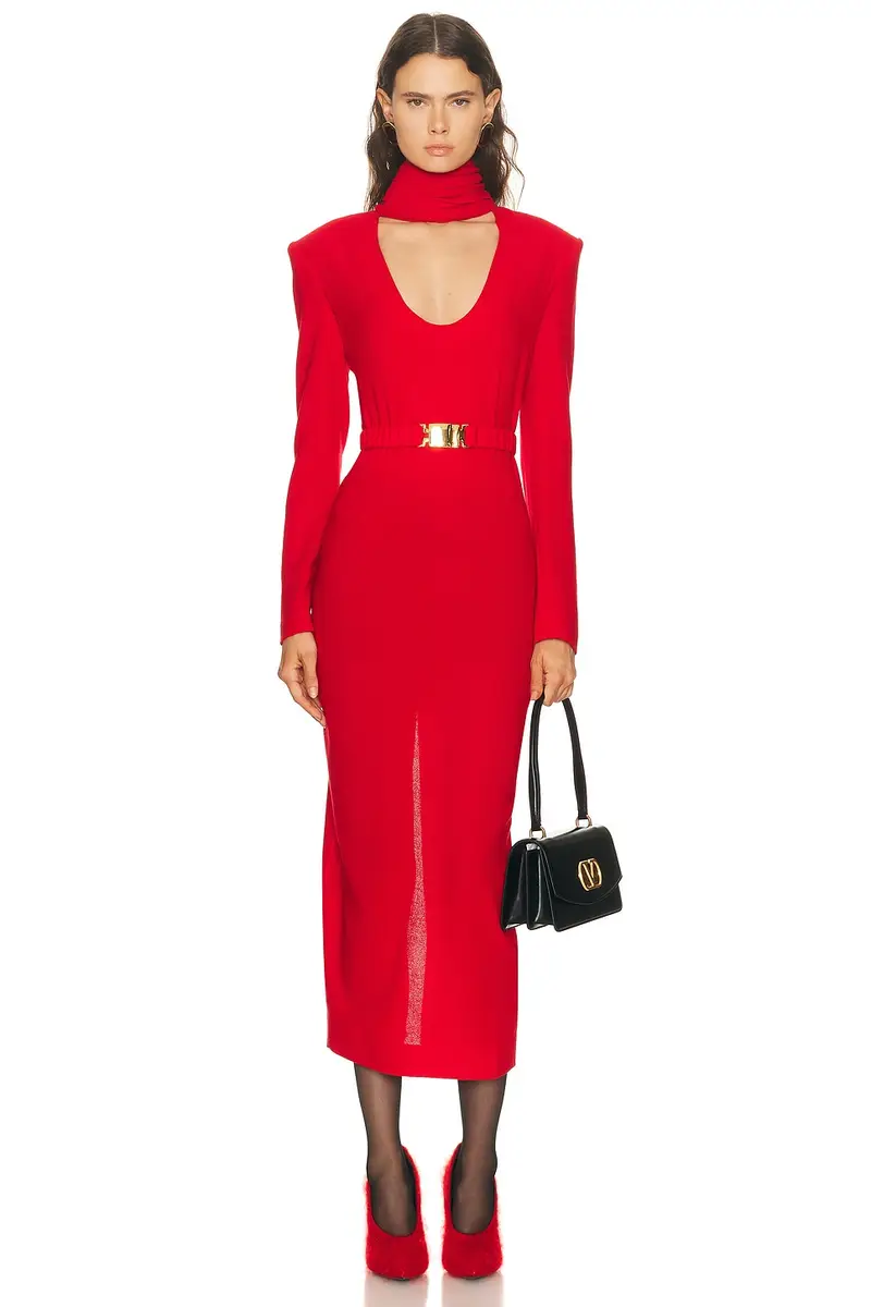 Rowen Rose Long Sleeve Plunging Draped Collar Dress