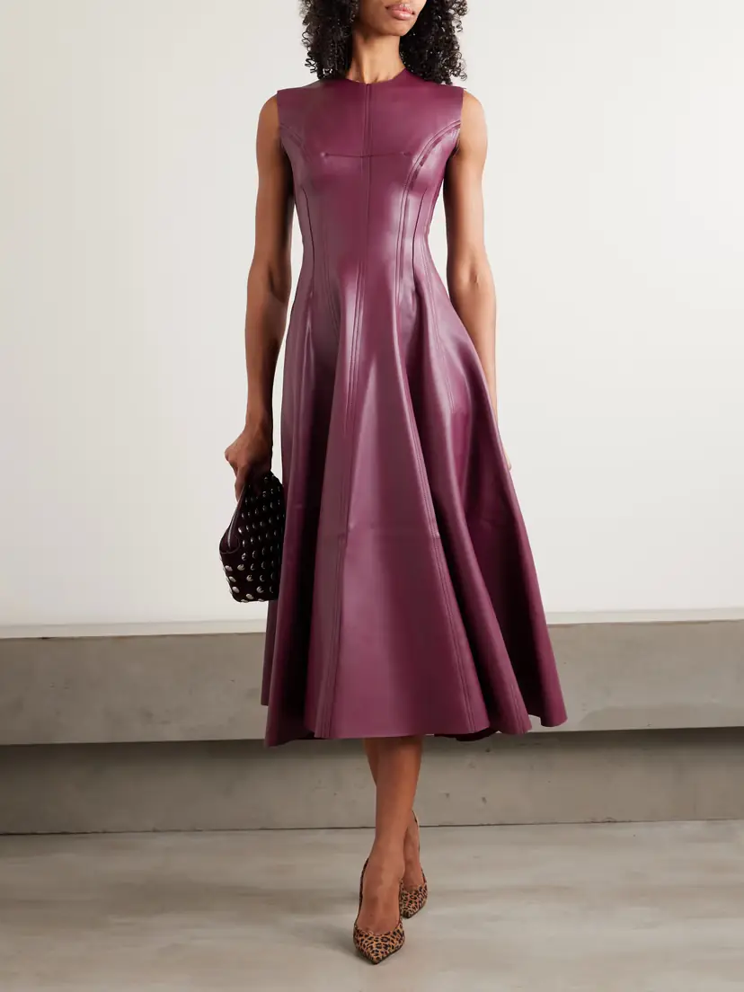 Norma Kamali Grace Belted Paneled Leather-like Midi Dress | Thumbnail 2 Norma Kamali Grace Belted Paneled Leather-like Midi Dress | Thumbnail 2