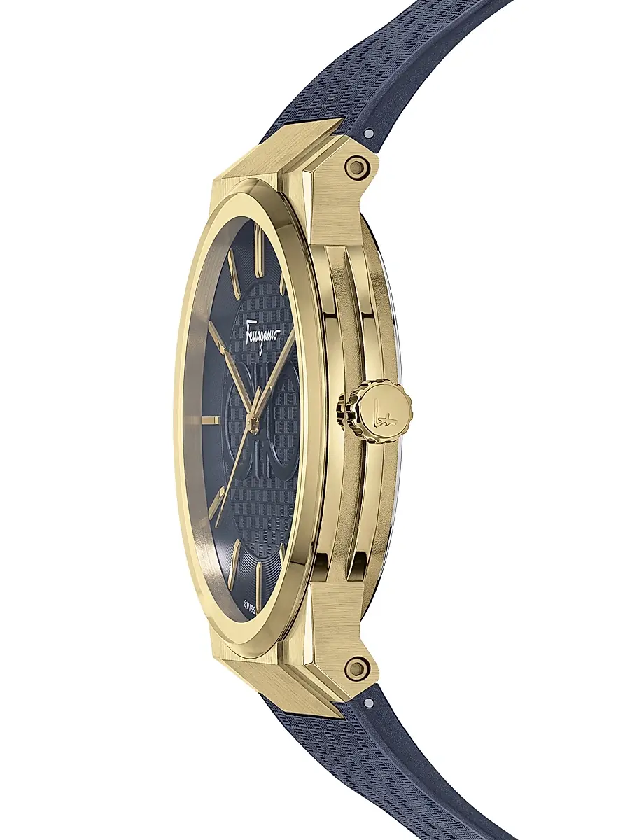 FERRAGAMO Men's Sapphire Yellow Gold IP Double Gancini Rubber Strap Watch - Gold | Thumbnail 3 FERRAGAMO Men's Sapphire Yellow Gold IP Double Gancini Rubber Strap Watch - Gold | Thumbnail 3