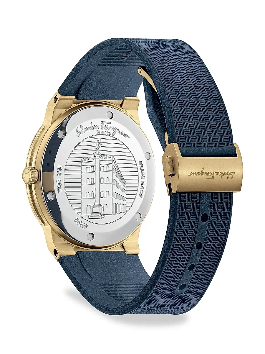 FERRAGAMO Men's Sapphire Yellow Gold IP Double Gancini Rubber Strap Watch - Gold | Thumbnail 4 FERRAGAMO Men's Sapphire Yellow Gold IP Double Gancini Rubber Strap Watch - Gold | Thumbnail 4