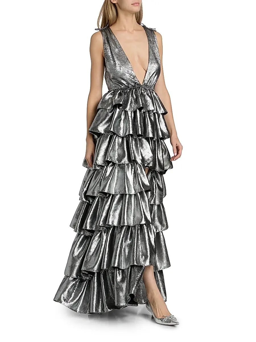 Aknvas Women's Henriette Metallic Ruffled Tiered Sleeveless Gown | Thumbnail 2 Aknvas Women's Henriette Metallic Ruffled Tiered Sleeveless Gown | Thumbnail 2