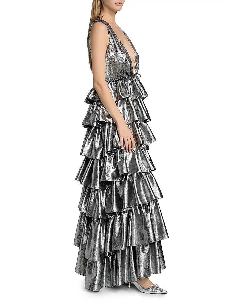 Aknvas Women's Henriette Metallic Ruffled Tiered Sleeveless Gown | Thumbnail 4 Aknvas Women's Henriette Metallic Ruffled Tiered Sleeveless Gown | Thumbnail 4
