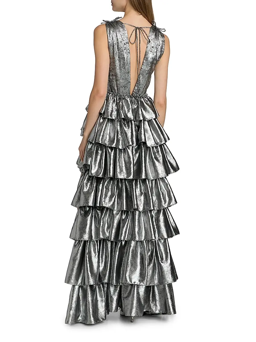 Aknvas Women's Henriette Metallic Ruffled Tiered Sleeveless Gown | Thumbnail 5 Aknvas Women's Henriette Metallic Ruffled Tiered Sleeveless Gown | Thumbnail 5