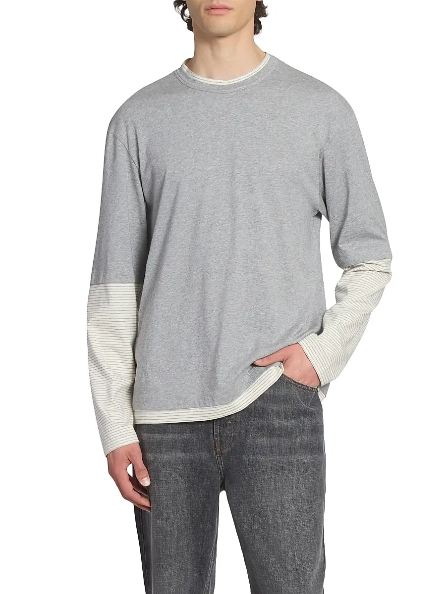 Officine Générale Men's Bosco Layered Striped Cotton Shirt - Light Heather Grey White | Thumbnail 3 Officine Générale Men's Bosco Layered Striped Cotton Shirt - Light Heather Grey White | Thumbnail 3