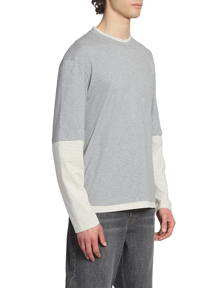 Officine Générale Men's Bosco Layered Striped Cotton Shirt - Light Heather Grey White | Thumbnail 4 Officine Générale Men's Bosco Layered Striped Cotton Shirt - Light Heather Grey White | Thumbnail 4