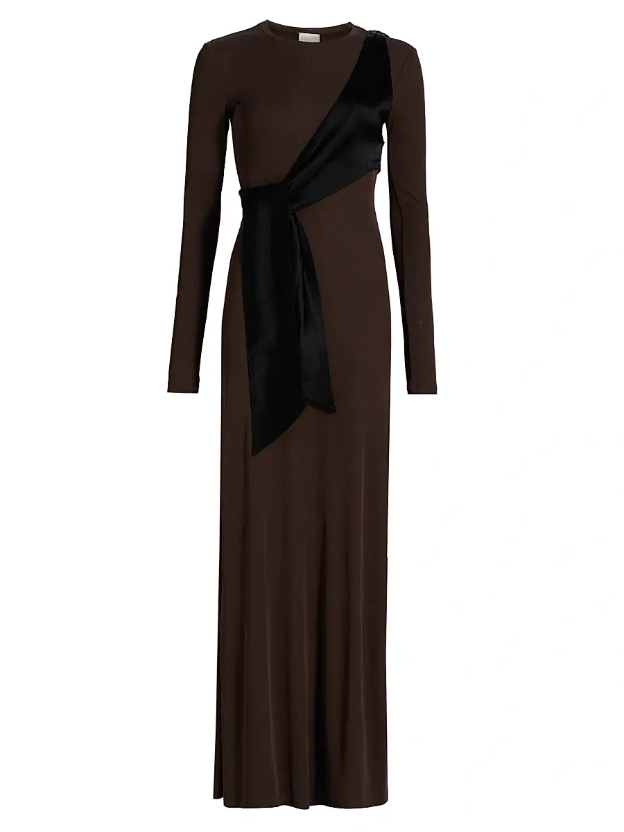 Nanushka Women's Grow Yura Jersey-Knit Sash Maxi Dress - Dark Oak Black | Image 1 Nanushka Women's Grow Yura Jersey-Knit Sash Maxi Dress - Dark Oak Black | Image 1