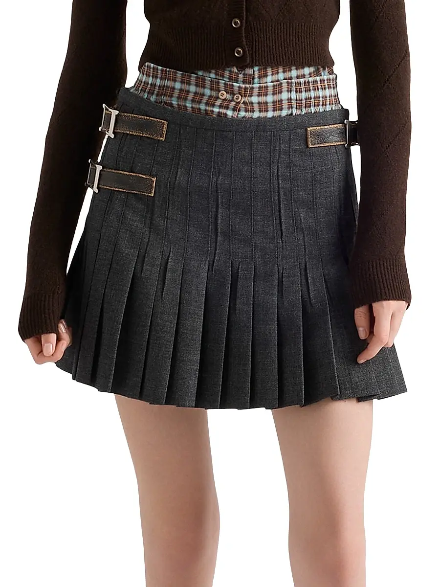 Prada Women's Pleated Rush Stitch Wool Mini Skirt - Grey | Thumbnail 2 Prada Women's Pleated Rush Stitch Wool Mini Skirt - Grey | Thumbnail 2