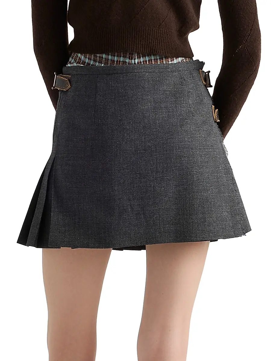 Prada Women's Pleated Rush Stitch Wool Mini Skirt - Grey | Thumbnail 3 Prada Women's Pleated Rush Stitch Wool Mini Skirt - Grey | Thumbnail 3
