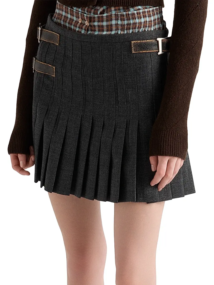 Prada Women's Pleated Rush Stitch Wool Mini Skirt - Grey | Thumbnail 4 Prada Women's Pleated Rush Stitch Wool Mini Skirt - Grey | Thumbnail 4