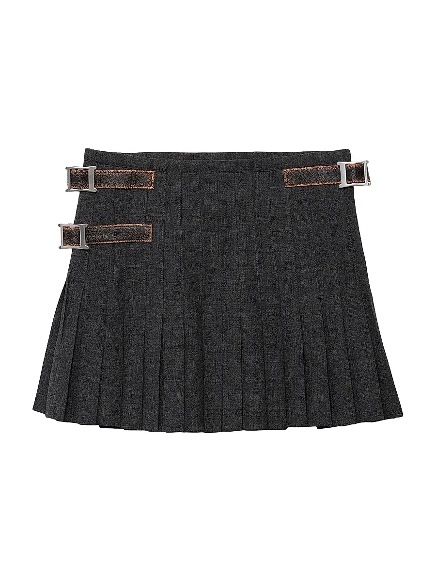 Women's Pleated Rush Stitch Wool Mini Skirt - Grey