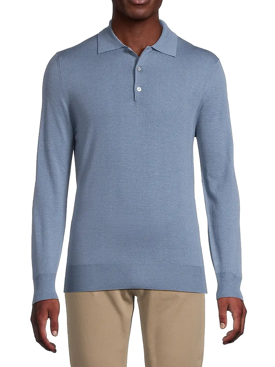 Canali Men's Heathered Merino Wool Modern-Fit Polo Shirt - Blue | Thumbnail 3 Canali Men's Heathered Merino Wool Modern-Fit Polo Shirt - Blue | Thumbnail 3