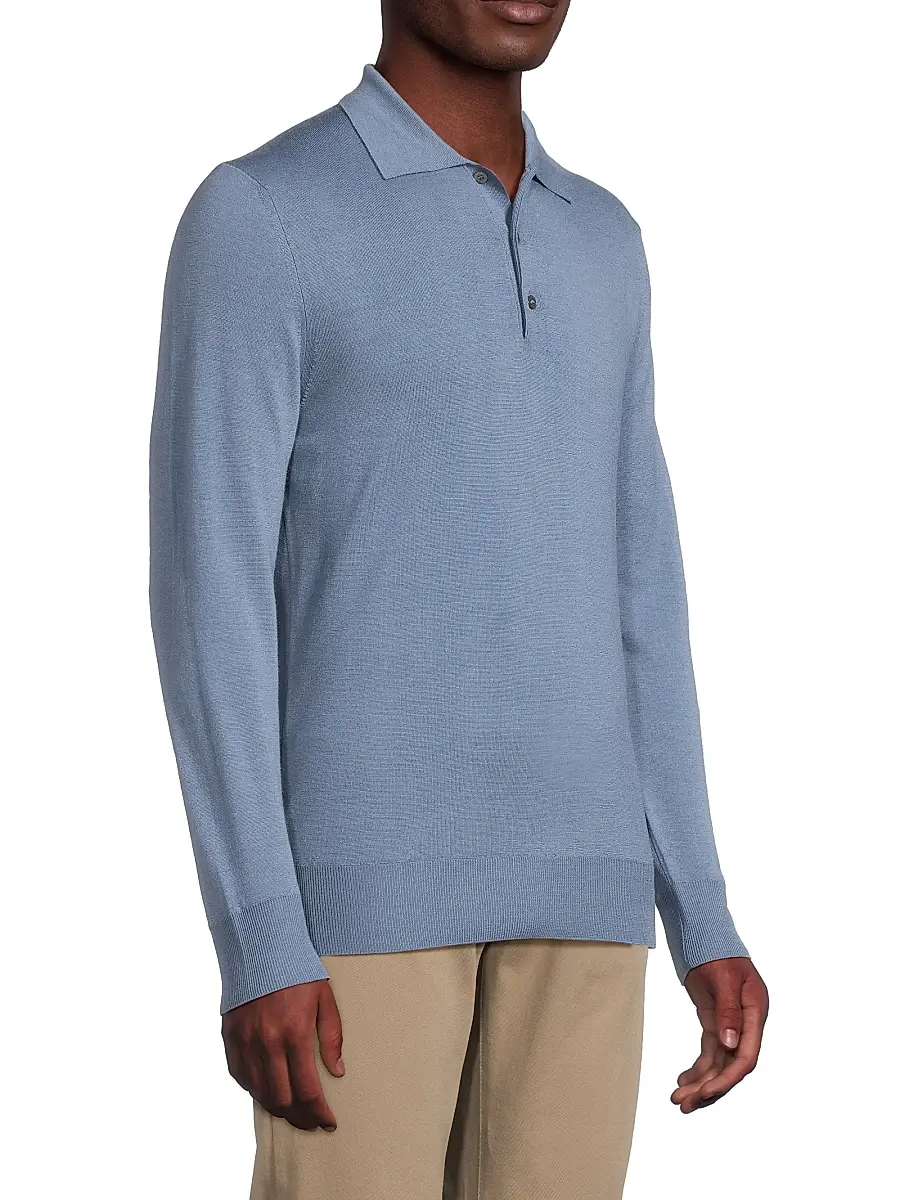 Canali Men's Heathered Merino Wool Modern-Fit Polo Shirt - Blue | Thumbnail 4 Canali Men's Heathered Merino Wool Modern-Fit Polo Shirt - Blue | Thumbnail 4