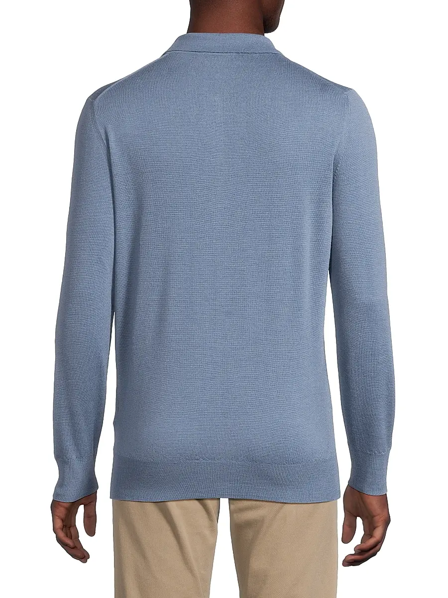 Canali Men's Heathered Merino Wool Modern-Fit Polo Shirt - Blue | Thumbnail 5 Canali Men's Heathered Merino Wool Modern-Fit Polo Shirt - Blue | Thumbnail 5