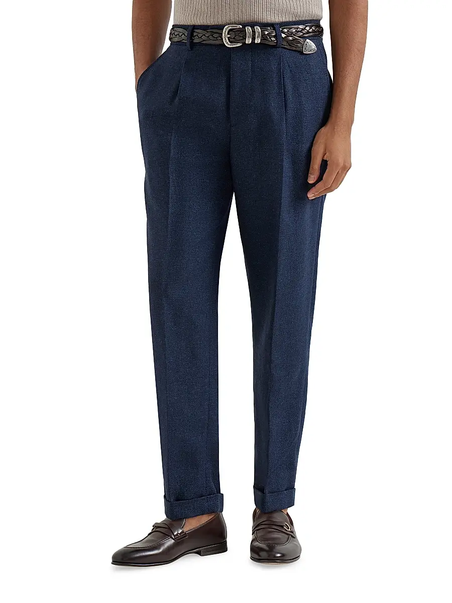 Brunello Cucinelli Men's Silk, Linen and Wool Hopsack Pleated Trousers - Navy Blue | Thumbnail 2 Brunello Cucinelli Men's Silk, Linen and Wool Hopsack Pleated Trousers - Navy Blue | Thumbnail 2
