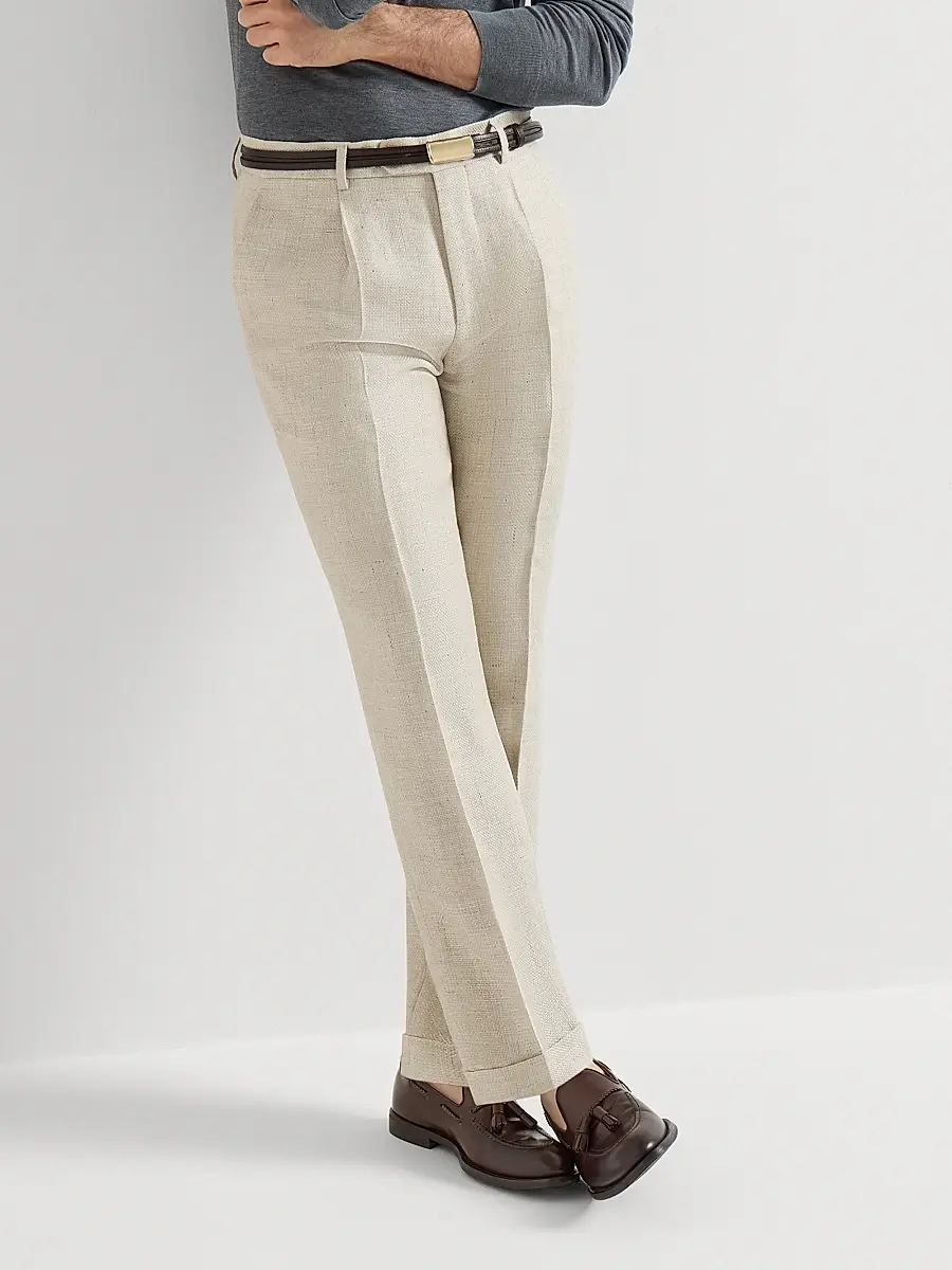 Brunello Cucinelli Men's Silk, Linen and Wool Hopsack Pleated Trousers - Navy Blue | Thumbnail 11 Brunello Cucinelli Men's Silk, Linen and Wool Hopsack Pleated Trousers - Navy Blue | Thumbnail 11
