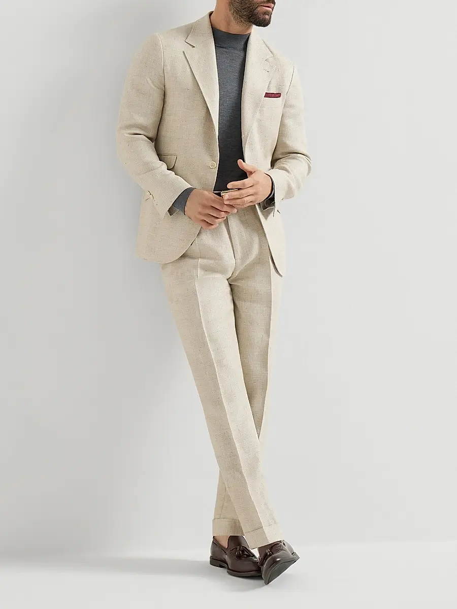 Brunello Cucinelli Men's Silk, Linen and Wool Hopsack Pleated Trousers - Navy Blue | Thumbnail 12 Brunello Cucinelli Men's Silk, Linen and Wool Hopsack Pleated Trousers - Navy Blue | Thumbnail 12