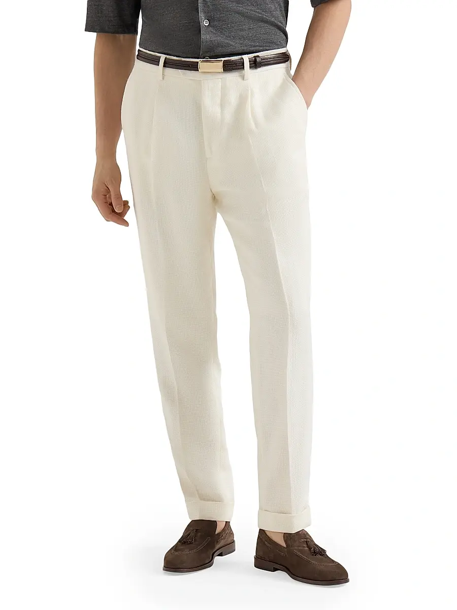 Brunello Cucinelli Men's Silk, Linen and Wool Hopsack Pleated Trousers - Navy Blue | Thumbnail 14 Brunello Cucinelli Men's Silk, Linen and Wool Hopsack Pleated Trousers - Navy Blue | Thumbnail 14