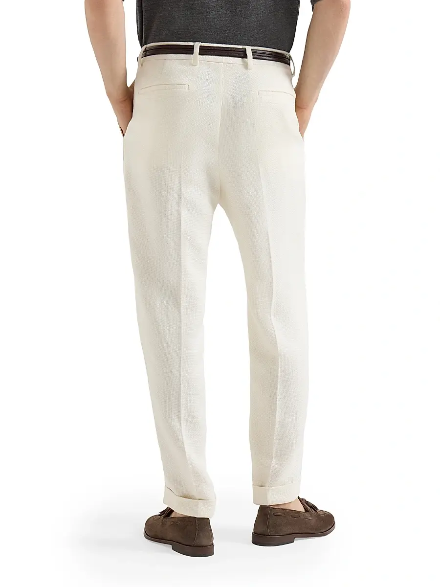 Brunello Cucinelli Men's Silk, Linen and Wool Hopsack Pleated Trousers - Navy Blue | Thumbnail 15 Brunello Cucinelli Men's Silk, Linen and Wool Hopsack Pleated Trousers - Navy Blue | Thumbnail 15