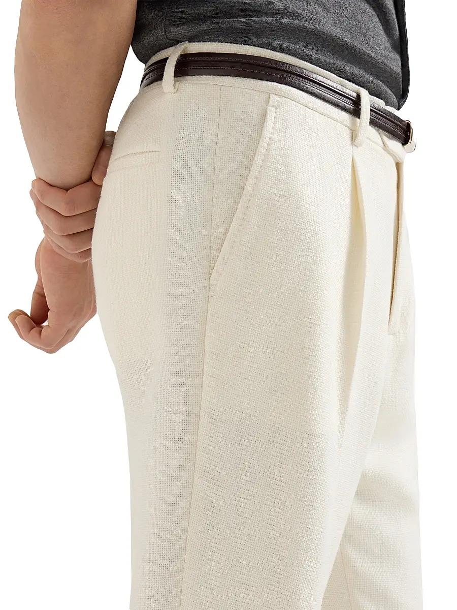 Brunello Cucinelli Men's Silk, Linen and Wool Hopsack Pleated Trousers - Navy Blue | Thumbnail 16 Brunello Cucinelli Men's Silk, Linen and Wool Hopsack Pleated Trousers - Navy Blue | Thumbnail 16