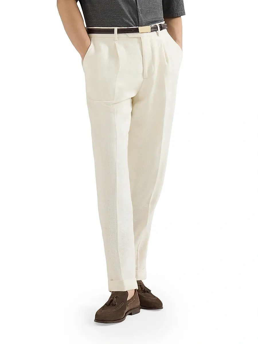 Brunello Cucinelli Men's Silk, Linen and Wool Hopsack Pleated Trousers - Navy Blue | Thumbnail 17 Brunello Cucinelli Men's Silk, Linen and Wool Hopsack Pleated Trousers - Navy Blue | Thumbnail 17